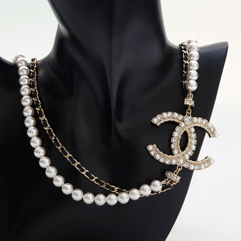 CHANEL 2023 COCO Mark Pearl Rhinestone Necklace gold WS14943