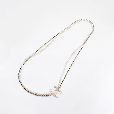 CHANEL 2023 COCO Mark Pearl Rhinestone Necklace gold WS14943