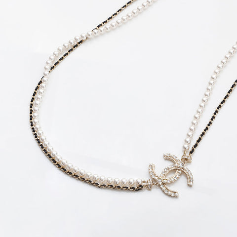 CHANEL 2023 COCO Mark Pearl Rhinestone Necklace gold WS14943