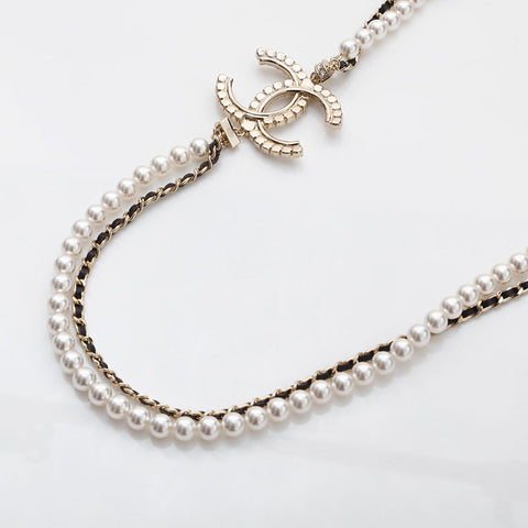 CHANEL 2023 COCO Mark Pearl Rhinestone Necklace gold WS14943