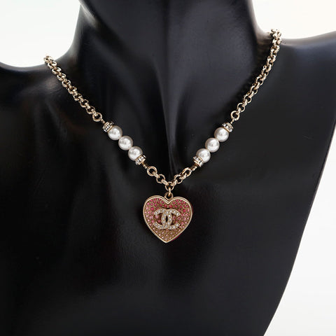 CHANEL 2023 COCO Mark Rhinestone Pearl Heart Necklace gold WS14949