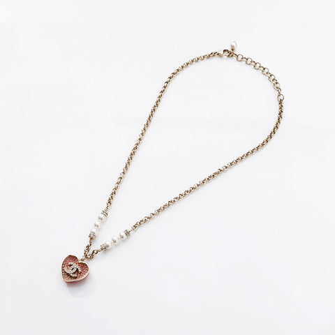 CHANEL 2023 COCO Mark Rhinestone Pearl Heart Necklace gold WS14949