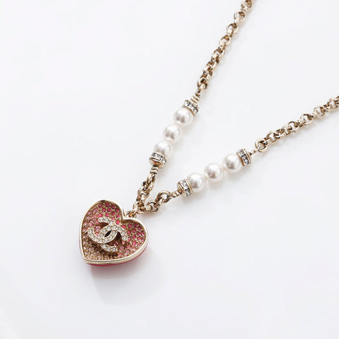 CHANEL 2023 COCO Mark Rhinestone Pearl Heart Necklace gold WS14949