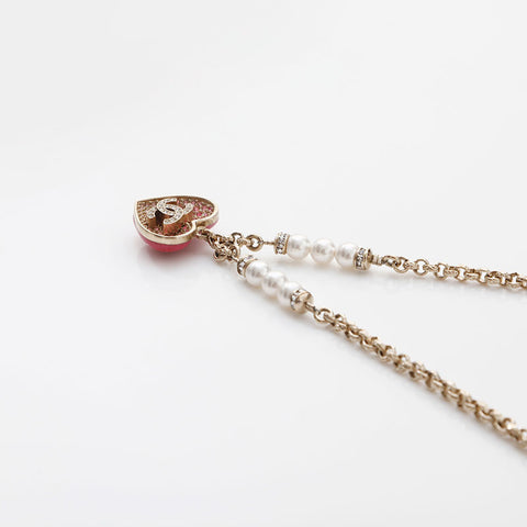 CHANEL 2023 COCO Mark Rhinestone Pearl Heart Necklace gold WS14949