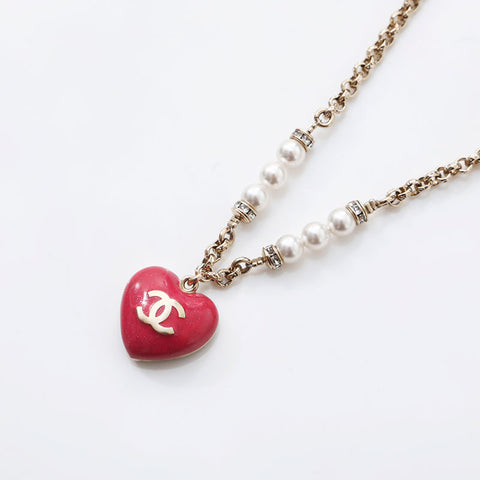 CHANEL 2023 COCO Mark Rhinestone Pearl Heart Necklace gold WS14949