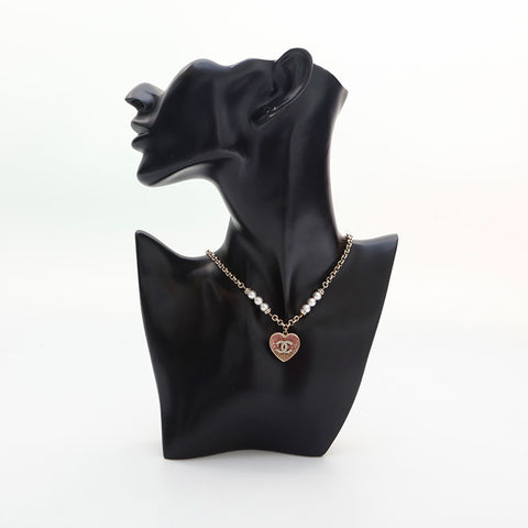 CHANEL 2023 COCO Mark Rhinestone Pearl Heart Necklace gold WS14949