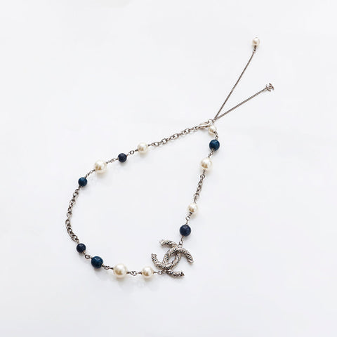 CHANEL 2014 COCO Mark Pearl Rhinestone Necklace Silver WS14950