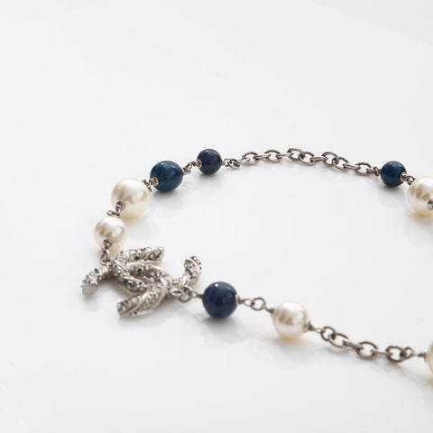 CHANEL 2014 COCO Mark Pearl Rhinestone Necklace Silver WS14950