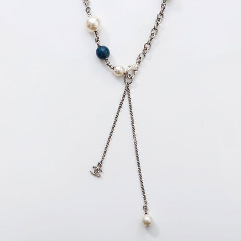 CHANEL 2014 COCO Mark Pearl Rhinestone Necklace Silver WS14950