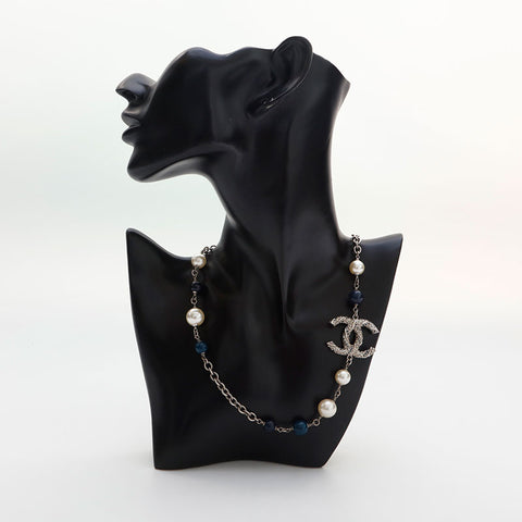 CHANEL 2014 COCO Mark Pearl Rhinestone Necklace Silver WS14950
