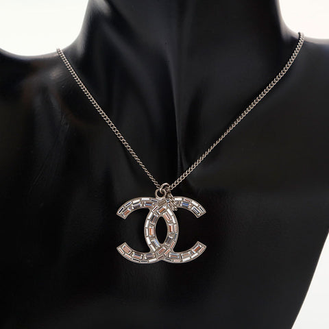 CHANEL 2009 COCO Mark Rhinestone Necklace Silver WS14953