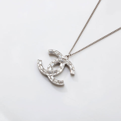 CHANEL 2009 COCO Mark Rhinestone Necklace Silver WS14953