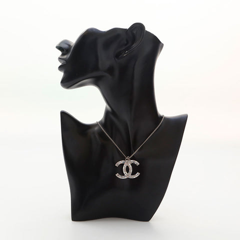 CHANEL 2009 COCO Mark Rhinestone Necklace Silver WS14953