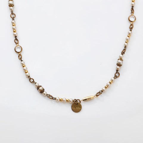 CHANEL 1970s pearl rhinestone Necklace gold WS14958