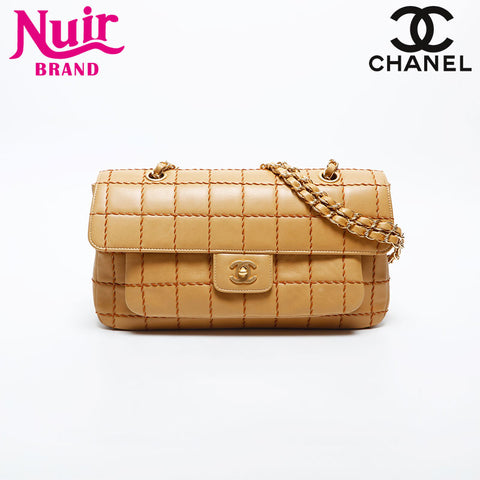 CHANEL No. 7 2001-2002 Lambskin Chocolate Bar Wild Stitch Shoulder Bag beige WS14979