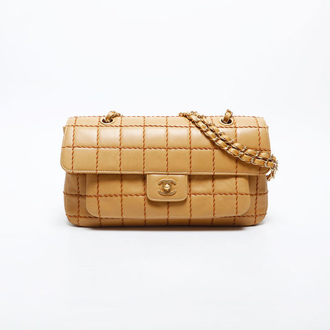 CHANEL No. 7 2001-2002 Lambskin Chocolate Bar Wild Stitch Shoulder Bag beige WS14979