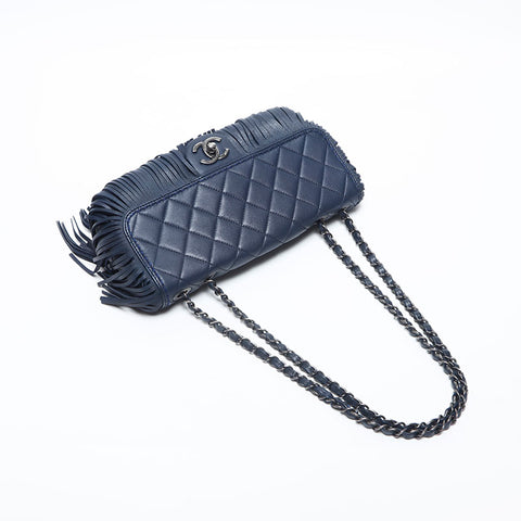 CHANEL 19th series Leather Fringe Flap 2014 Shoulder Bag Navy WS14991