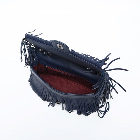 CHANEL 19th series Leather Fringe Flap 2014 Shoulder Bag Navy WS14991