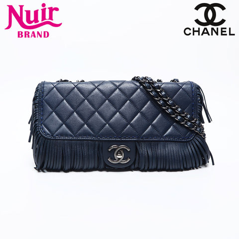 CHANEL 19th series Leather Fringe Flap 2014 Shoulder Bag Navy WS14991
