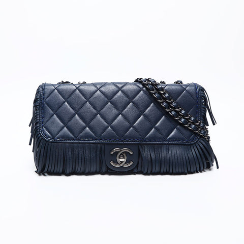 CHANEL 19th series Leather Fringe Flap 2014 Shoulder Bag Navy WS14991