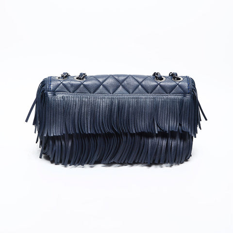 CHANEL 19th series Leather Fringe Flap 2014 Shoulder Bag Navy WS14991