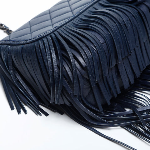 CHANEL 19th series Leather Fringe Flap 2014 Shoulder Bag Navy WS14991