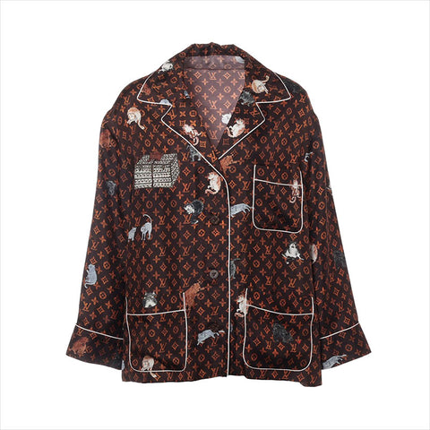LOUIS VUITTON 19Stainless Steel Silk RW191A Catgram Long sleeve shirt Brown WS15030