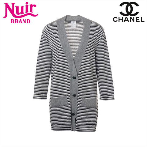 CHANEL COCO Button 07P Cotton x cashmere P30929K00459 Border Size:34 cardigan Gray x white WS15042