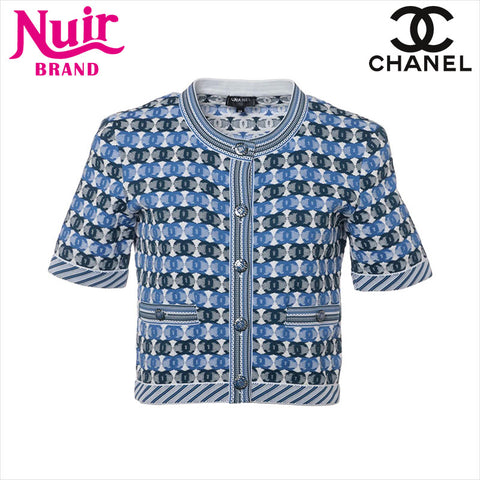 CHANEL COCO Button Cotton x Polyester P60693K46443 All-over pattern Size:34 cardigan Blue x white WS15053