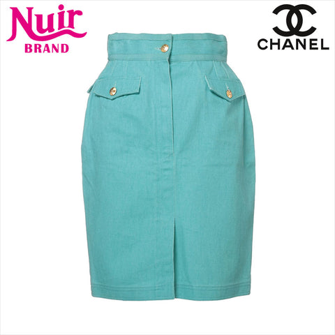 CHANEL COCO Button Cotton Gold Button Size:44 skirt green WS15060