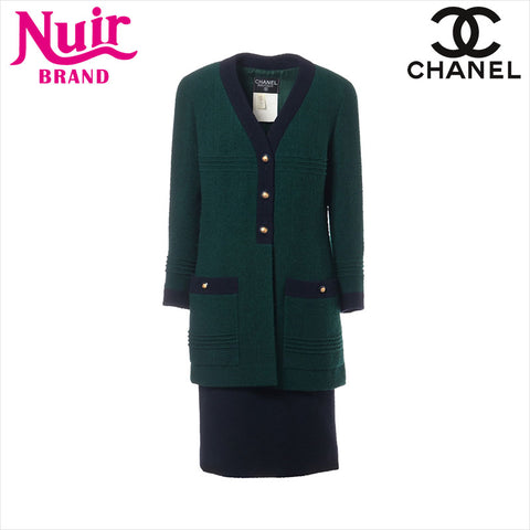 CHANEL COCO Button 93A Wool Suit P02118 Size:42 setup Green x navy WS15067