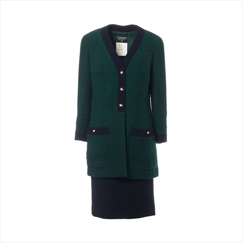 CHANEL COCO Button 93A Wool Suit P02118 Size:42 setup Green x navy WS15067