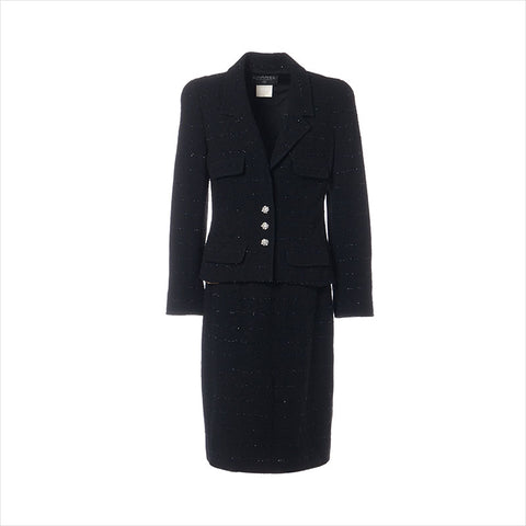 CHANEL 95A Wool x Nylon Suit PO5438 Fake Pearl Size:38 setup black WS15068