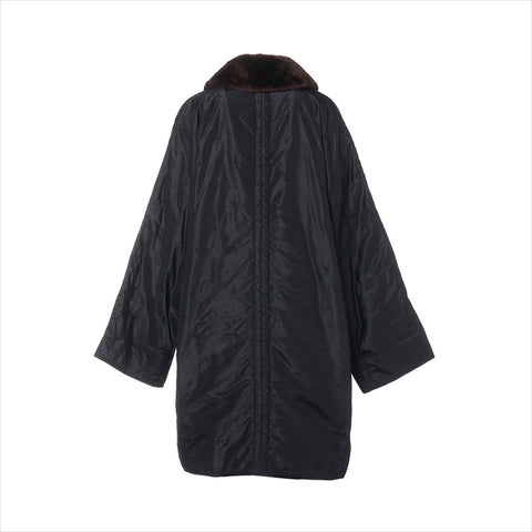 香奈儿丝绸长外套海狸皮大衣黑色WS15110