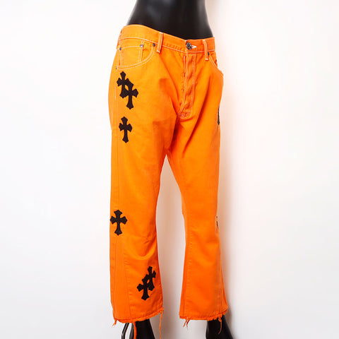 CHROME HEARTS Leather Cross Patchwork Cotton Size:36 Pants Orange WS15134