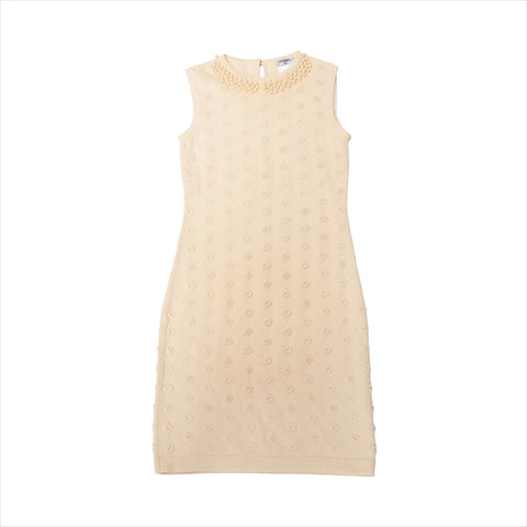Chanel Coco Button Cashmere Knit Dress P40686K02963 Fake Pearl Dress Beige WS15142