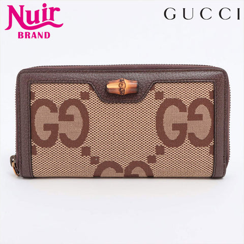 GUCCI Jumbo GG Bamboo 658634 Canvas x Leather Round Zip Wallet Purse Brown WS15247