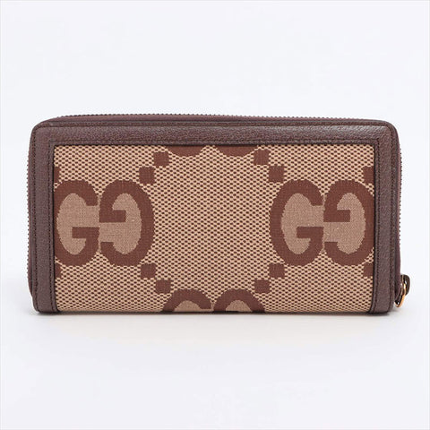 GUCCI Jumbo GG Bamboo 658634 Canvas x Leather Round Zip Wallet Purse Brown WS15247