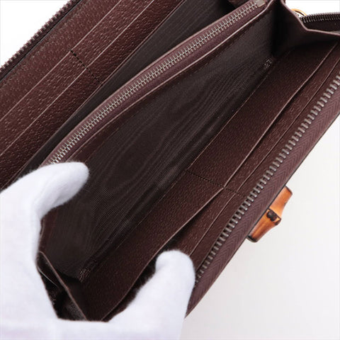 GUCCI Jumbo GG Bamboo 658634 Canvas x Leather Round Zip Wallet Purse Brown WS15247