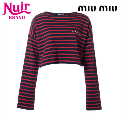 Miu Miu 2019 Cotton Logo Border Long-sleeved T-shirt Navy x red WS15274