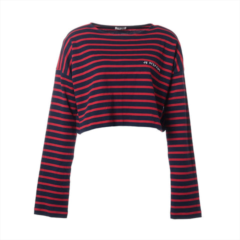 Miu Miu 2019 Cotton Logo Border Long-sleeved T-shirt Navy x red WS15274