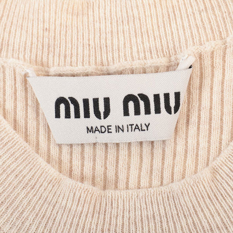 極美品 ミュウ ミュウ Miu Miu Size:36S リブニット コットン ロゴミニドレス ワンピース アイボリー WS15278