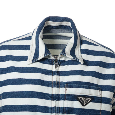 PRADA Size:42 Border Cotton Zip-up Triangle Logo Cropped Jacket Blue x white WS15281