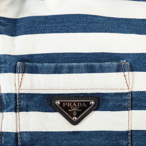 PRADA Size:42 Border Cotton Zip-up Triangle Logo Cropped Jacket Blue x white WS15281