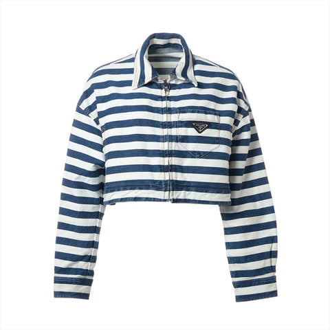 PRADA Size:42 Border Cotton Zip-up Triangle Logo Cropped Jacket Blue x white WS15281