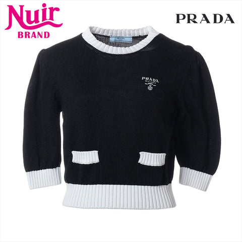 プラダ PRADA Size:36 2022 コットン 半袖 ロゴ ニット ブラック×ホワイト WS15287