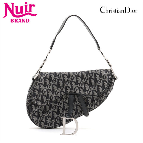 Christian Dior Oblique Trotter Saddlebag Canvas Galliano Period SilverMetal Shoulder Bag Navy WS15361