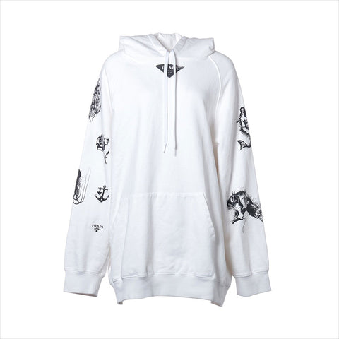 美品 プラダ PRADA Size:L 21AW トライアングルロゴ プリント パーカー ホワイト WS15413