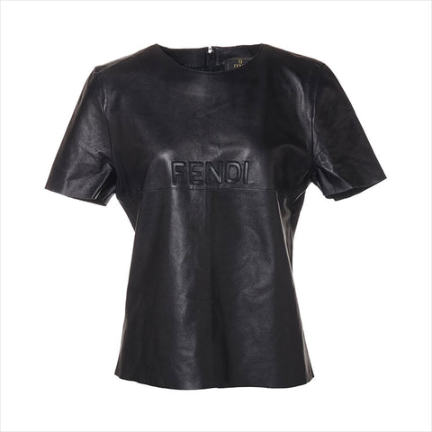 FENDI Size:44 Leather Logo Short sleeve T-shirt black WS15492