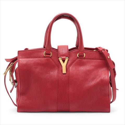 YVES SAINT LAURENT Leather Calfskin Cabas 2way Shoulder Bag Red WS15521